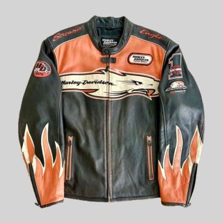 Veste en cuir orange Screaming Eagle de Harley Davidson
