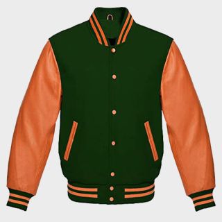 Veste universitaire Lishow Fashion en laine verte et cuir orange | Rider Zilla