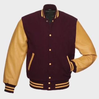 Blouson aviateur universitaire en laine marron avec manches en cuir jaune doré | Rider Zilla